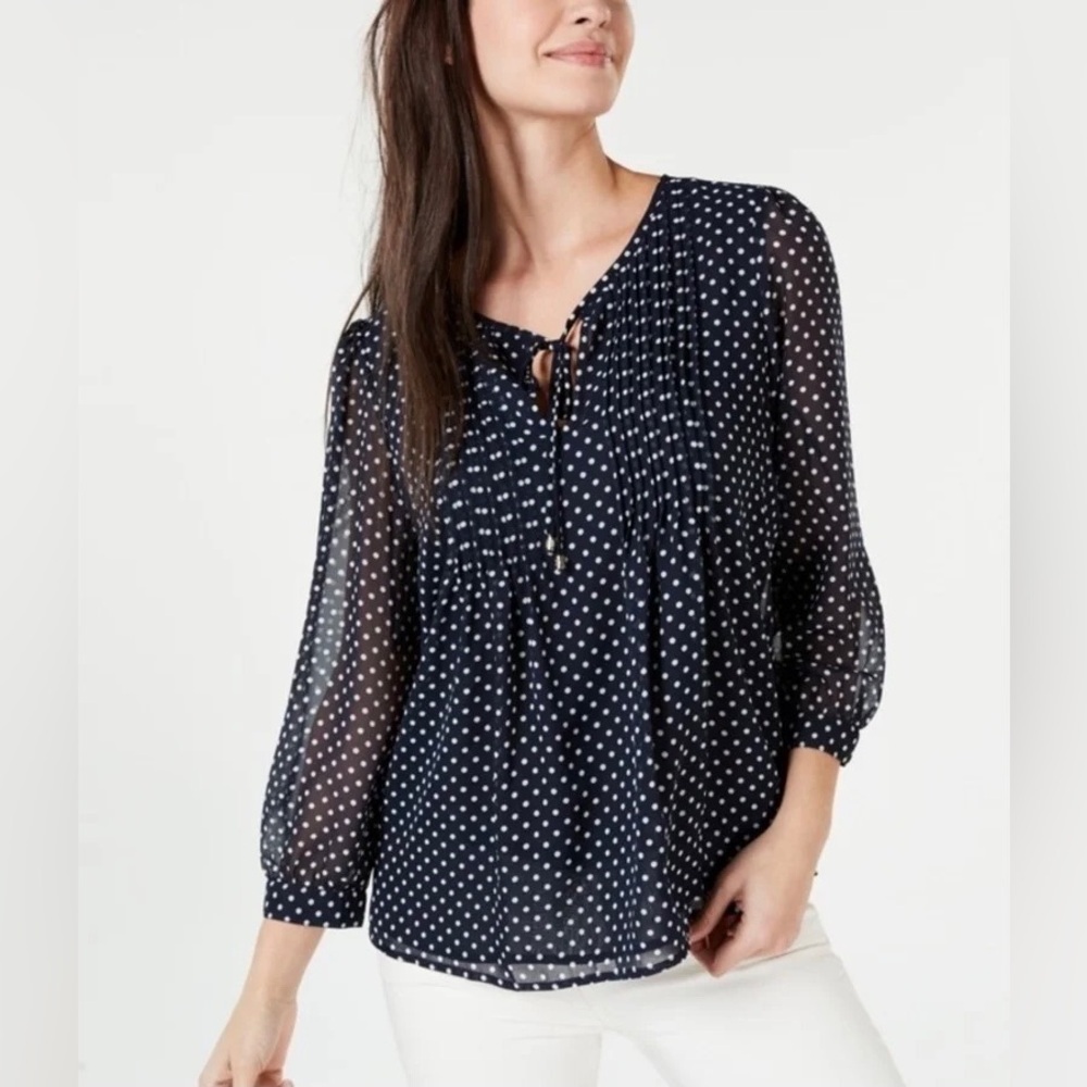 Tommy Hilfiger Navy Polka Dot Pintuck Blouse Women’s Large L Tie Neck 3/4 Sleeve